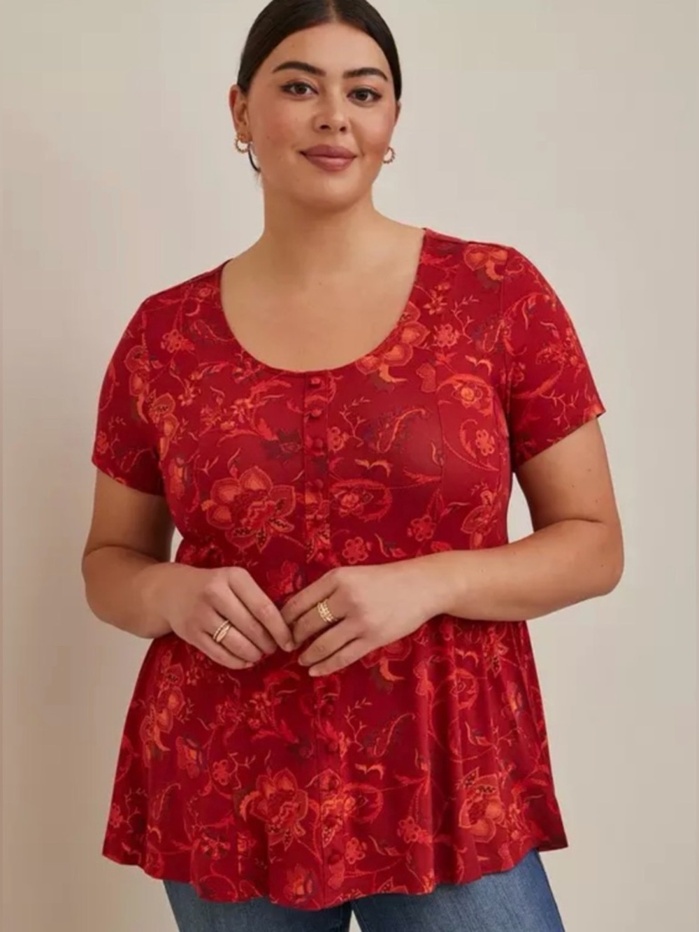 Torrid Super Soft Button-Front Seamed Top Size 00 M/L Red Pre-owned